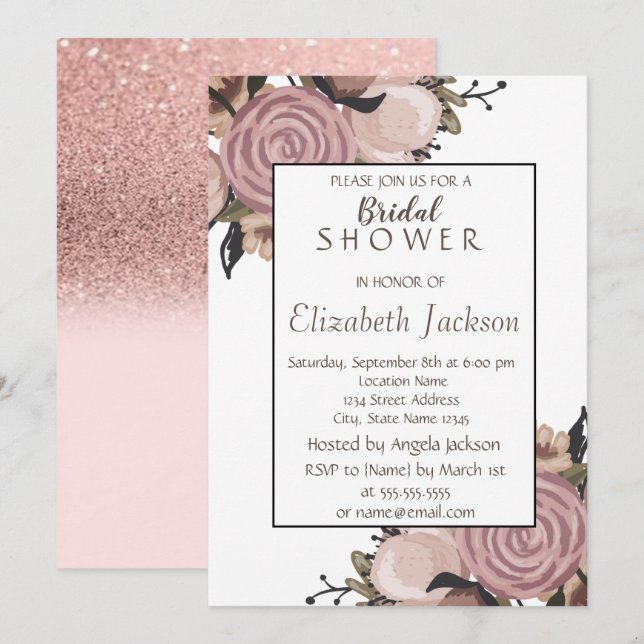 Adorable Floral, Glitter  Bridal Shower Invitation (Front/Back)