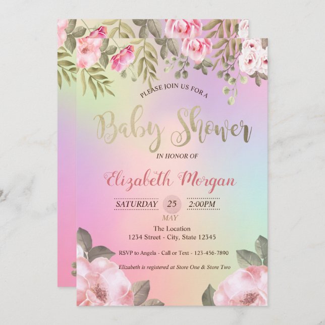 Adorable Floral Holographic Baby Shower Invitation (Front/Back)
