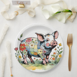 Adorable Floral Patchwork Baby Farm Pig Paper Plate