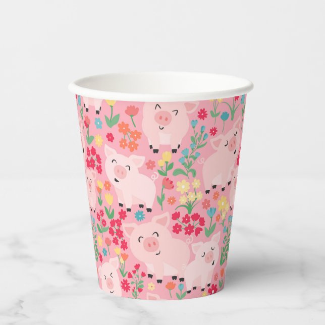 Adorable Floral Pig Farm Animal Floral Girls Party Paper Cups (Front)