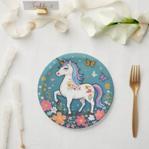 Adorable Floral Unicorn Pony in Pastels Paper Plate