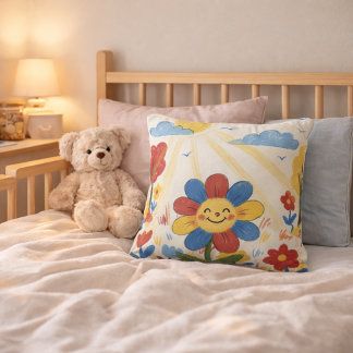 Adorable Flower Enjoying Sun Drawing Kids Cushion
