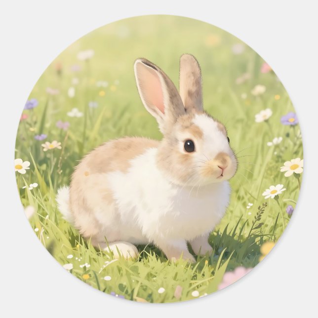 Adorable Fluffy Bunny Wildflower Meadow Classic Round Sticker (Front)
