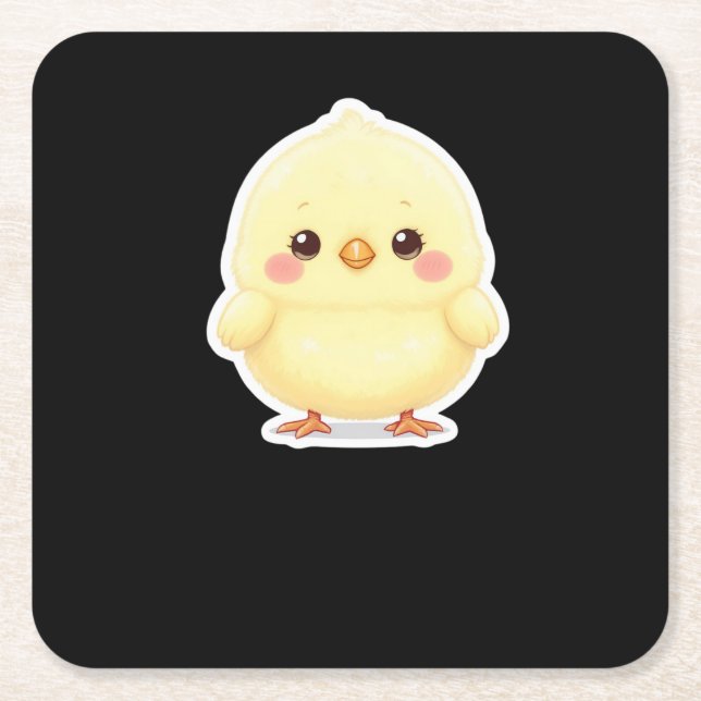 Adorable Fluffy Chibi Chick Square Paper Coaster (Front)