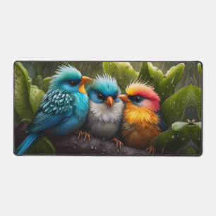 Adorable Fluffy Colourful Birds in the rain Desk Mat