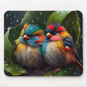 Adorable Fluffy Colourful Birds in the rain Mouse Pad