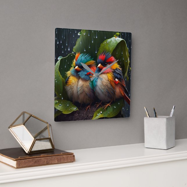 Adorable Fluffy Colourful Birds in the rain  Square Wall Clock (Office)