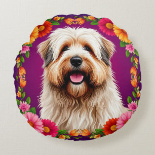 Adorable Fluffy Dog with Flowers Cute Floral Pet Round Cushion
