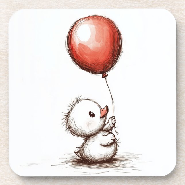 Adorable Fluffy Duckling with Red Balloon Coaster (Front)