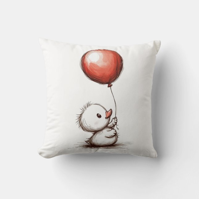 Adorable Fluffy Duckling with Red Balloon Cushion (Front)