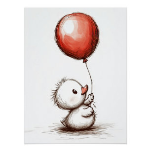 Adorable Fluffy Duckling with Red Balloon Poster