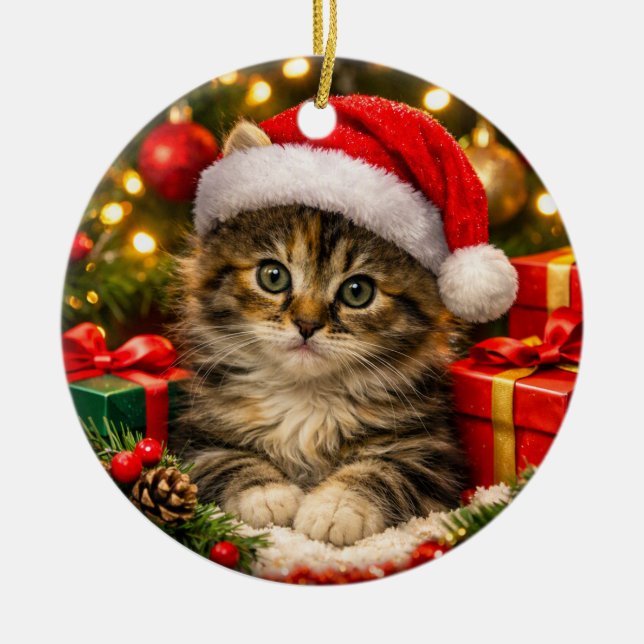Adorable Fluffy Kitten Christmas Ornament (Front)