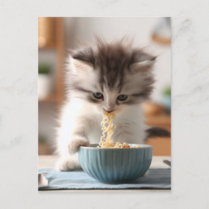 Adorable Fluffy Kitten Eating Ramen Noodles Postcard