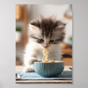 Adorable Fluffy  Kitten Eating Ramen Noodles Poster