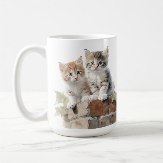 ADORABLE FLUFFY KITTENS ON BRICK WALL COFFEE MUG (Left)