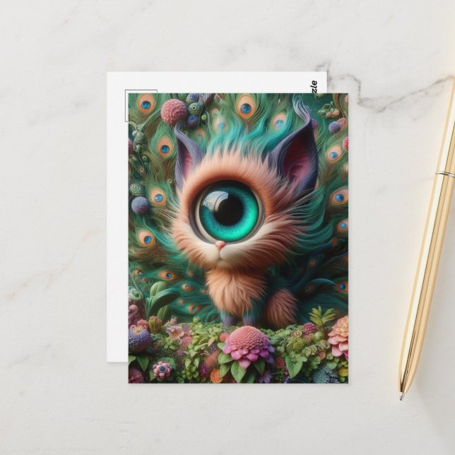 Adorable Fluffy One Eyed Kitty Postcard (Front/Back In Situ)