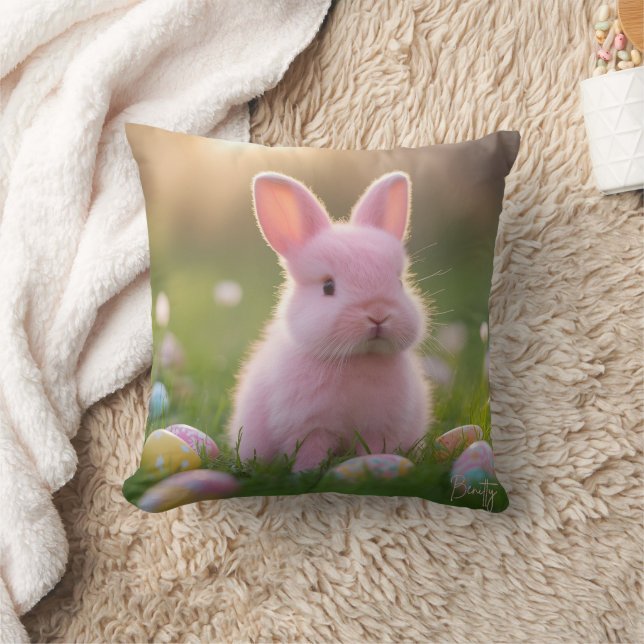 Adorable Fluffy Pink Bunny & Easter Eggs Cushion (Blanket)