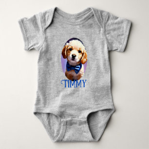 Adorable Fluffy Puppy w Cute Blue Bow Tie  Baby Bodysuit