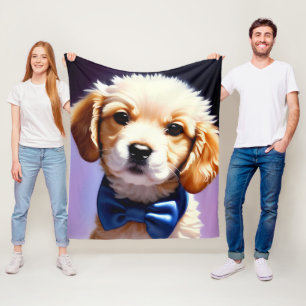Adorable Fluffy Puppy w Cute Blue Bow Tie Fleece Blanket
