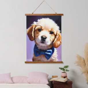 Adorable Fluffy Puppy w Cute Blue Bow Tie Hanging Tapestry