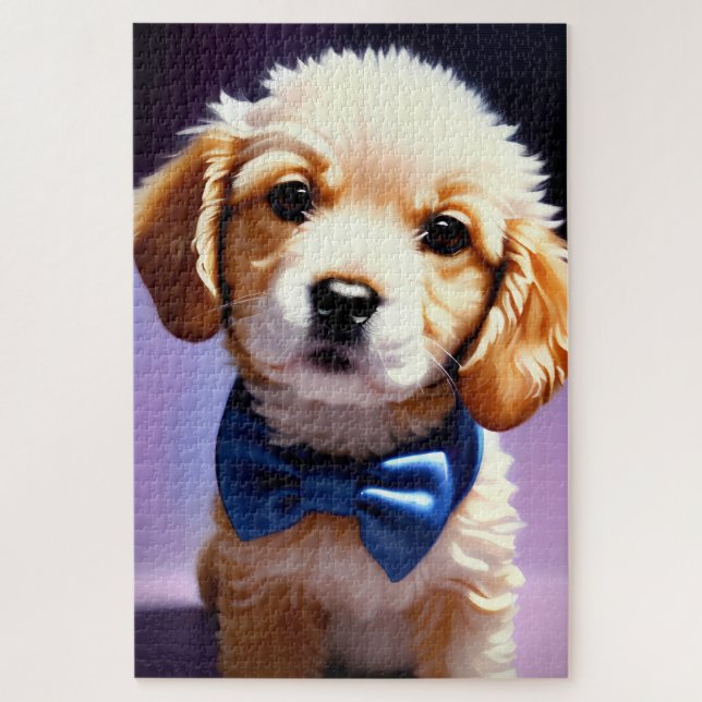 Adorable Fluffy Puppy w Cute Blue Bow Tie  Jigsaw Puzzle (Vertical)