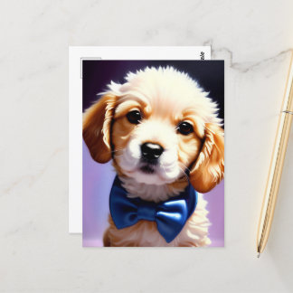 Adorable Fluffy Puppy w Cute Blue Bow Tie Postcard