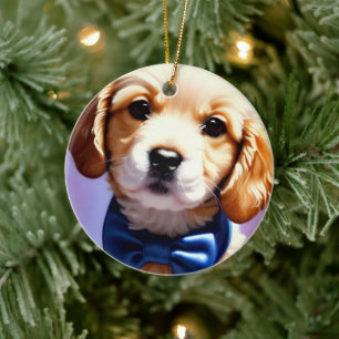Adorable Fluffy Puppy w Cute Blue Bowtie Portrait Ceramic Tree Decoration