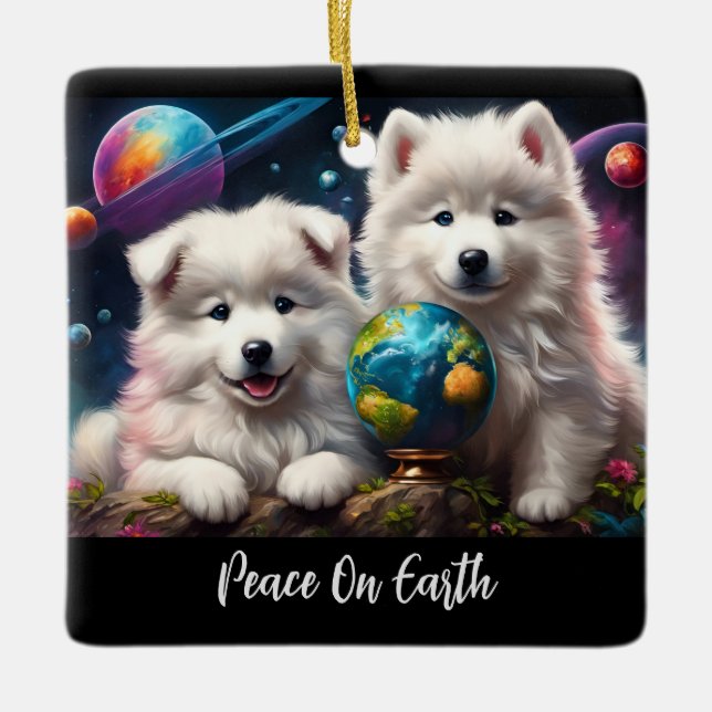 Adorable Fluffy Samoyed Puppies, Peace on Earth Ceramic Ornament (Front)