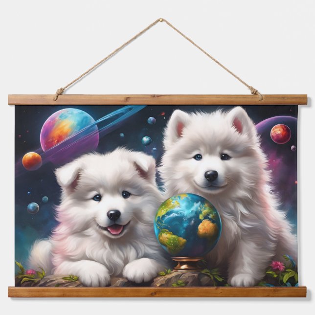 Adorable Fluffy Samoyed Puppies, Planets Earth Hanging Tapestry (Front)