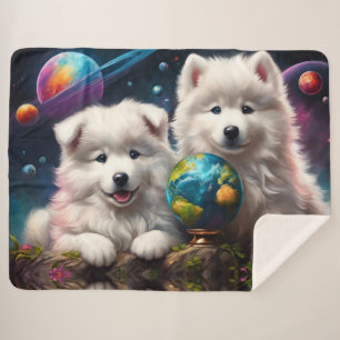 Adorable Fluffy Samoyed Puppies, Planets Earth Sherpa Blanket