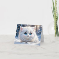 Adorable Fluffy White Cat Blue Eyes Blank Greeting