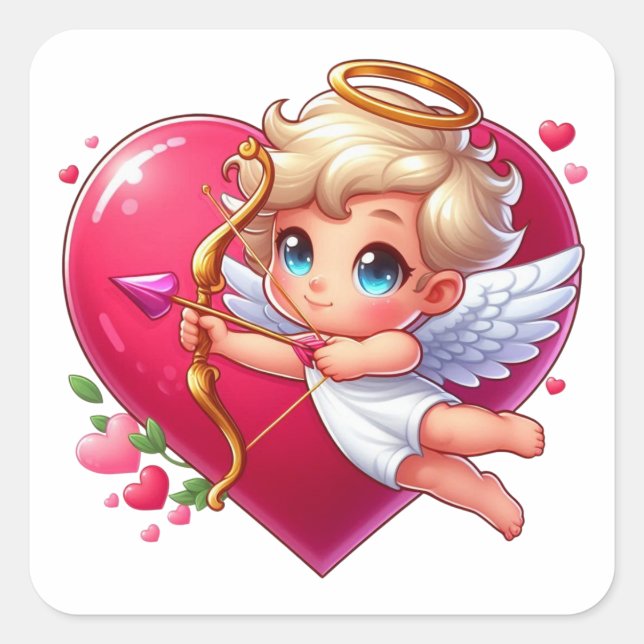 Adorable Flying Cupid with Heart & Arrow  Square Sticker (Front)