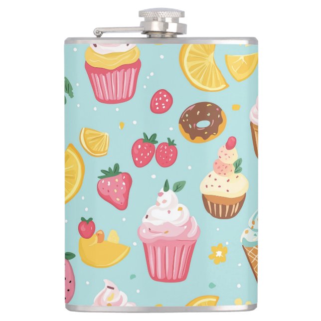 Adorable Food Items Illustration Pattern Hip Flask (Front)