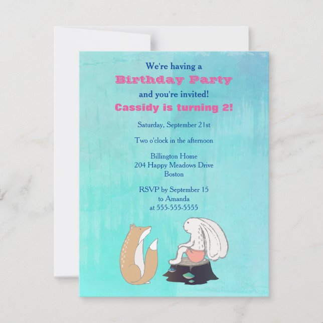 Adorable Fox and Rabbit Illustrated Birthday Party Invitation (Front)