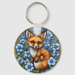 🦊 Adorable Fox Bloom Glow 💙 Vibrant Blue Floral Key Ring