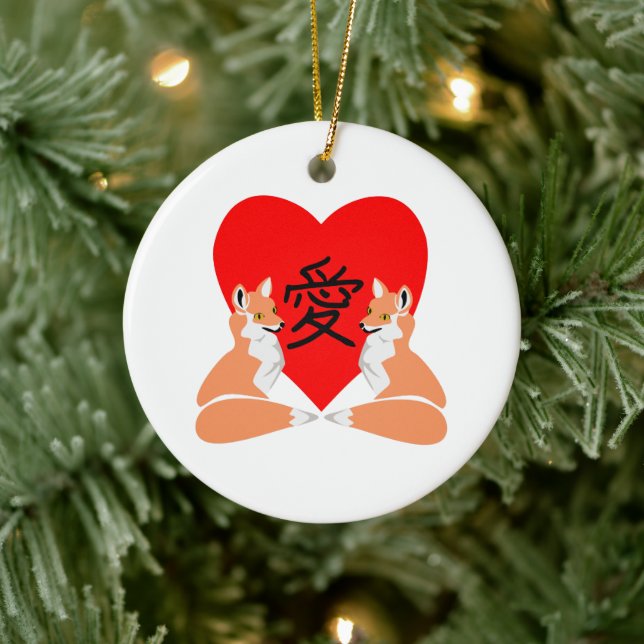 Adorable Fox Cartoon Love Heart Ceramic Tree Decoration (Tree)