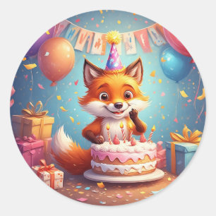 Adorable Fox Celebrating a Cheerful Birthday Classic Round Sticker