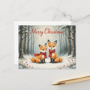 Adorable Fox Christmas Snowy Woods and Red Scarf Postcard