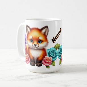 Adorable Fox Cub with Colorful Roses Coffee Mug