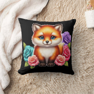 Adorable Fox Cub with Colorful Roses Cushion
