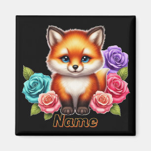 Adorable Fox Cub with Colourful Roses Magnet
