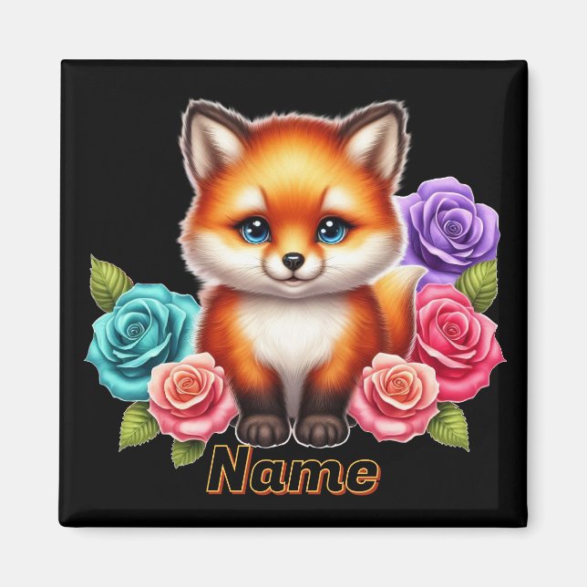 Adorable Fox Cub with Colourful Roses Magnet (Front)