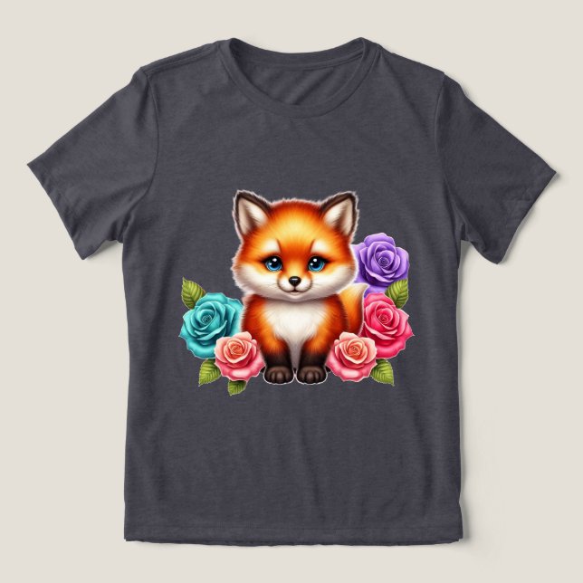 Adorable Fox Cub with Colourful Roses Tri-Blend Shirt (Design Front)