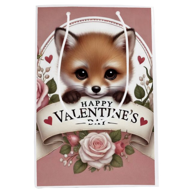 Adorable Fox Illustration with Roses Medium Gift Bag (Front)