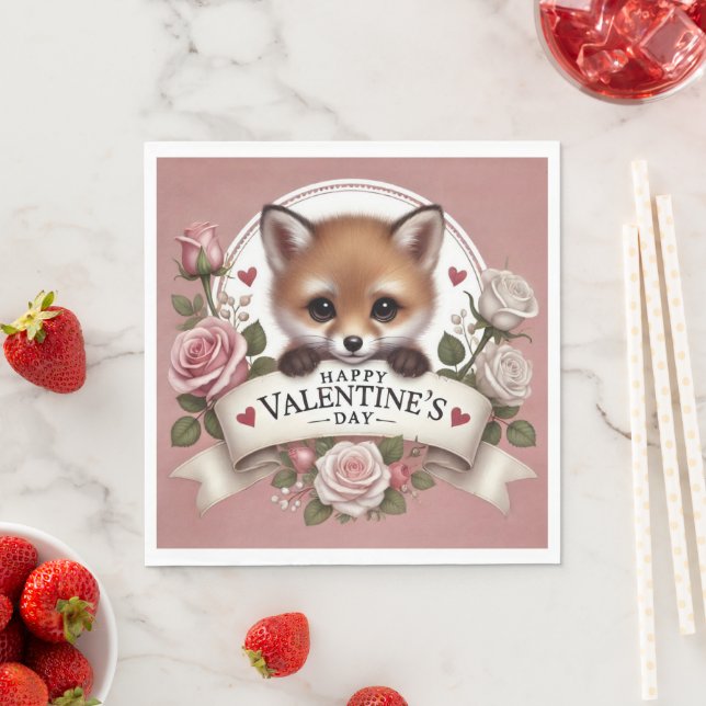 Adorable Fox Illustration with Roses Napkin (Insitu)