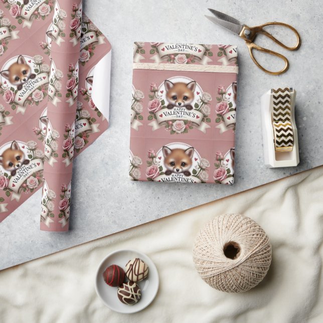 Adorable Fox Illustration with Roses Wrapping Paper (Crafts)