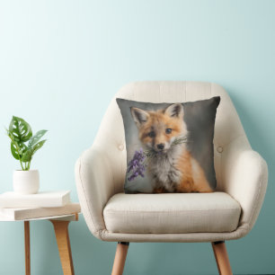 Adorable Fox Kit Holding Lavender Flowers Cushion