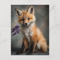 Adorable Fox Kit Holding Lavender Flowers