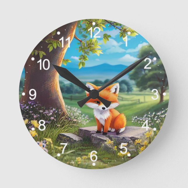 Adorable Fox Sitting Under Tree-68563 Round Clock (Front)