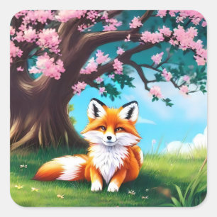 Adorable Fox Sitting Under Tree-68563 Square Sticker